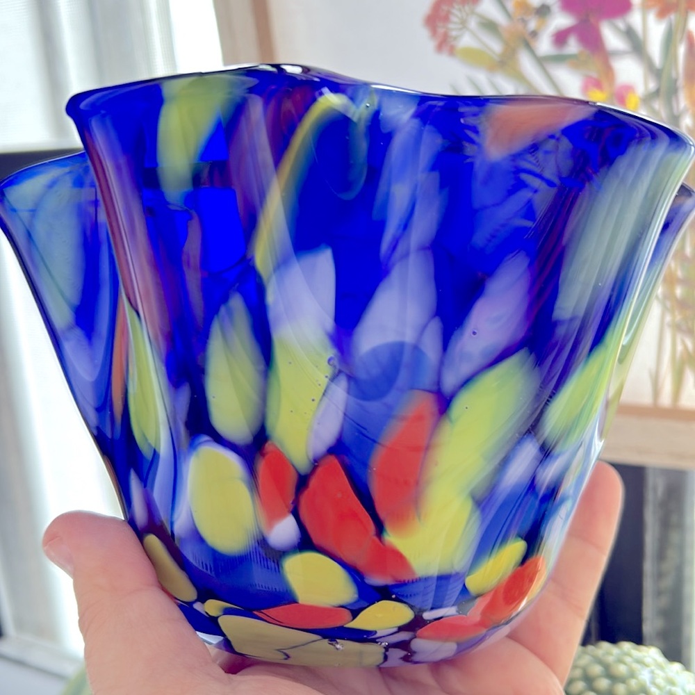 Vintage Glass eye studio multicolor small wave bowl.